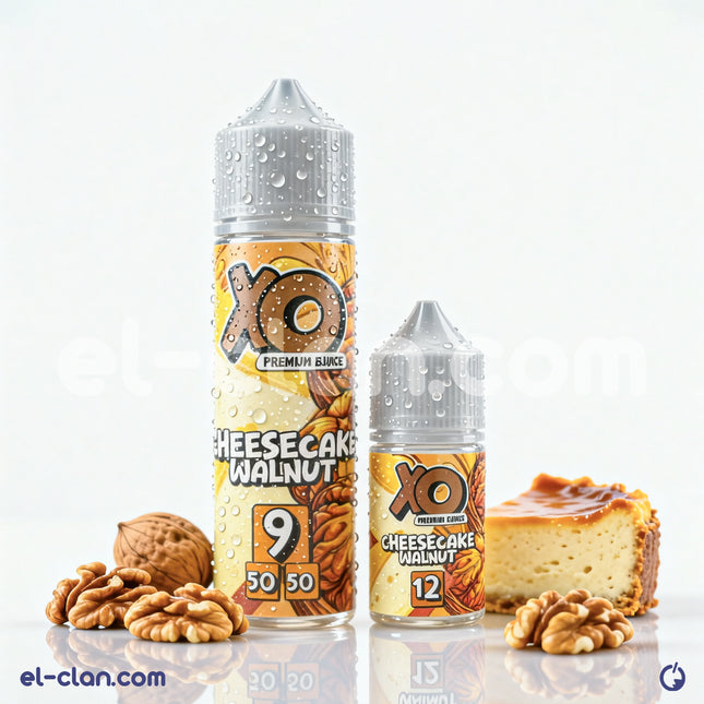 XO E-Liquid Walnut Cheesecake flavored vape liquid bottle with label, featuring walnut cheesecake flavor in a clear vape bottle.