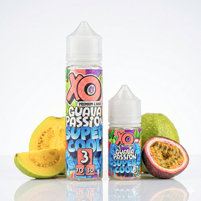XO E-Liquid Super Cool Guava Passion in a vape liquid bottle, featuring a colorful label with guava and passion fruit flavors.