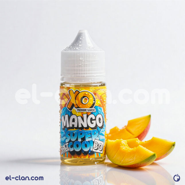XO E-Liquid Super Cool SaltNic Mango vape liquid in a bottle, featuring fresh mango flavor with a cooling sensation.