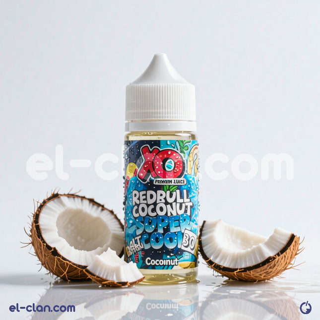 XO E-Liquid Super Cool SaltNic coconut flavored vape in a liquid form, featuring a refreshing, tropical coconut taste.