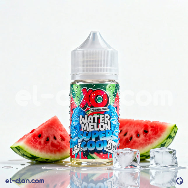 سائل فيب ليكويد بطيخ ساقع من XO Super Cool SaltNic Watermelon، زجاجة واضحة مع لون أحمر ونكهة البطيخ المنعشة