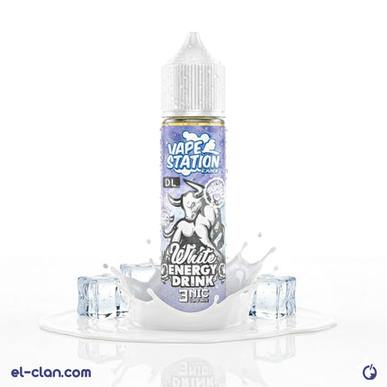 Vape Station E-Juice super cool white energy drink flavored vape liquid in a clear bottle with colorful label.