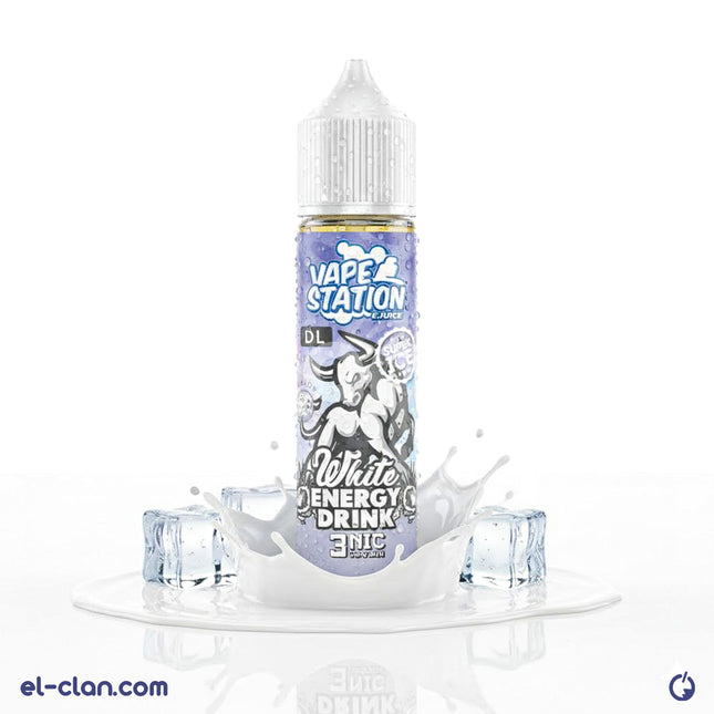 Vape Station E-Juice super cool white energy drink flavored vape liquid in a clear bottle with colorful label.