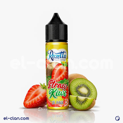 Rozetta Ice Straw Kiwi Strawberry flavored e-liquid in a local vape liquid bottle with kiwi and strawberry images.