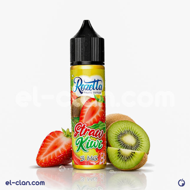Rozetta Ice Straw Kiwi Strawberry flavored e-liquid in a local vape liquid bottle with kiwi and strawberry images.