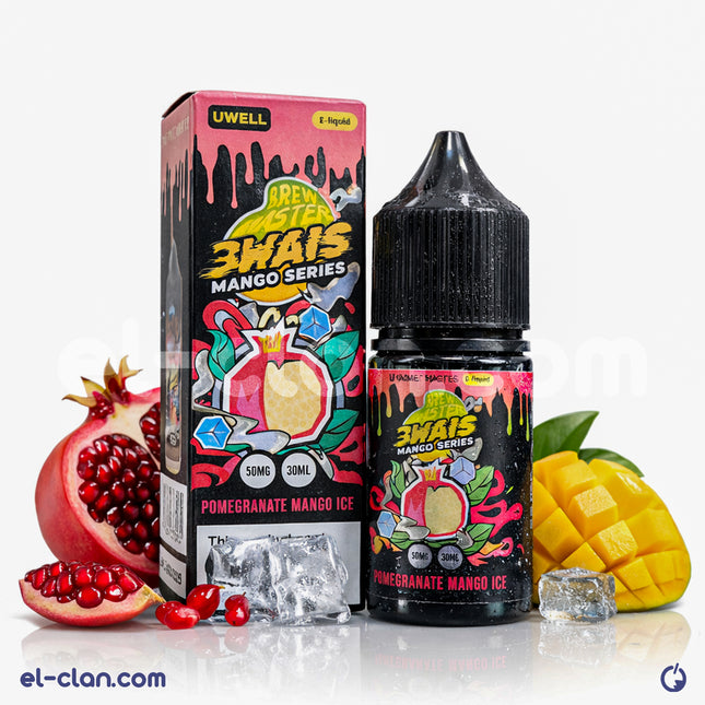 Uwell SaltNic Pomegranate Mango Ice vape liquid in a clear bottle with label, showing vibrant fruit illustration.