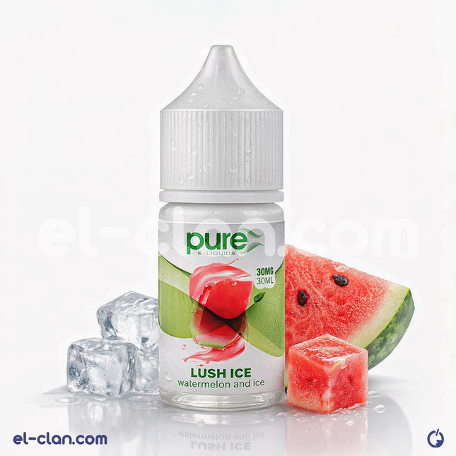 Pure Saltnic Lush Ice watermelon flavored vape liquid in a clear bottle, featuring vibrant green and red colors.