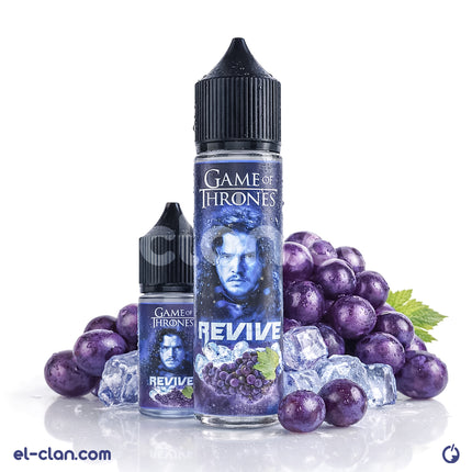 Game Of Thrones Revive grape flavored vape liquid in a local e-juice bottle, featuring vibrant label and liquid inside.