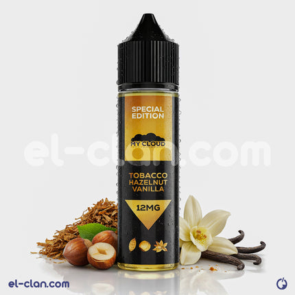 My Cloud E-Juice My Cloud Tobacco Hazelnut Vanilla flavored vape liquid in a clear bottle with a black cap, designed for in-vape use.