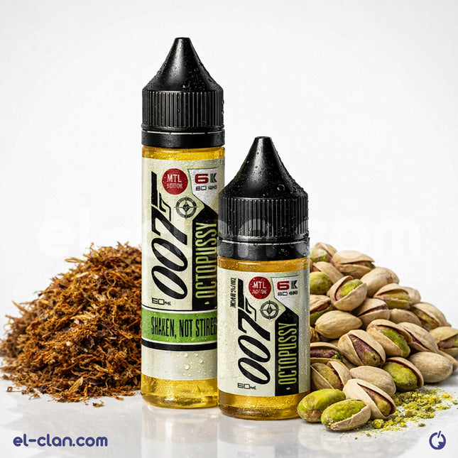 OO7 E-Juice 007 Octopussy تبغ فسدق فيب ليكويد محلي, close-up of e-liquid bottle with label showing product details.