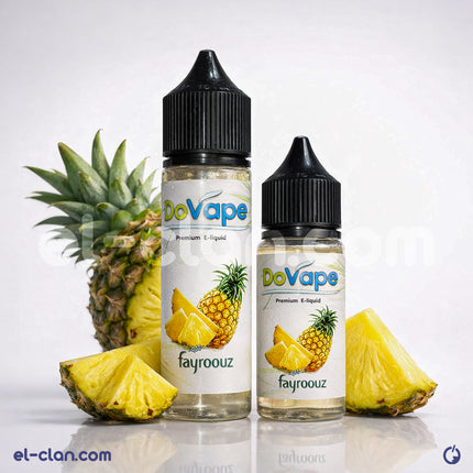 فيب فيروز أناناس من DoVape، ليكويد محلي بنكهة فواكه منعشة، يُظهر زجاجة النكهات الملونة على خلفية واضحة.