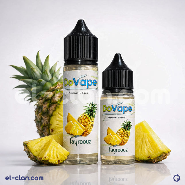 فيب فيروز أناناس من DoVape، ليكويد محلي بنكهة فواكه منعشة، يُظهر زجاجة النكهات الملونة على خلفية واضحة.