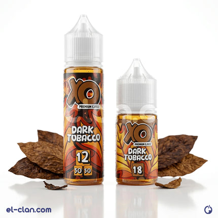 Six bottles of XO E-Liquid Dark Tobacco flavored vape liquid in clear bottles with black caps, arranged in a row.