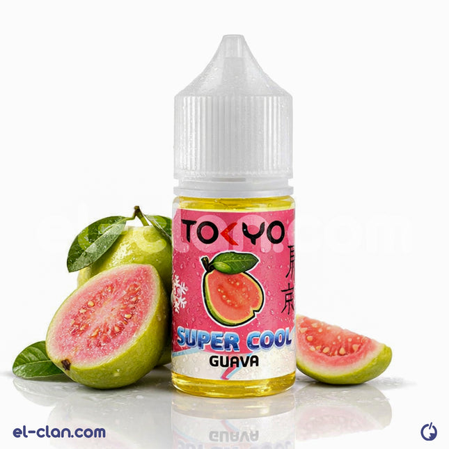 Tokyo SaltNic Super Cool Guava vape juice in a clear bottle, featuring a label with guava fruit imagery and branding.