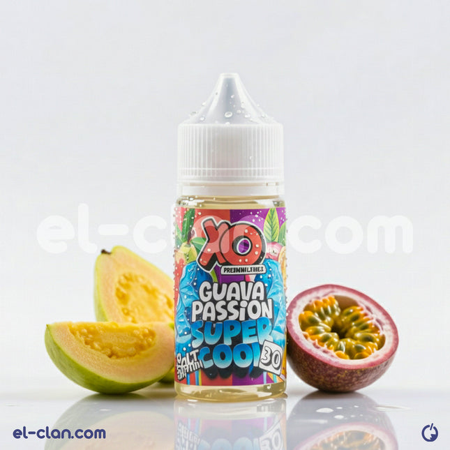 XO E-Liquid Super Cool SaltNic Guava Passion vape liquid in a bottle, featuring vibrant guava flavor with a cool finish.