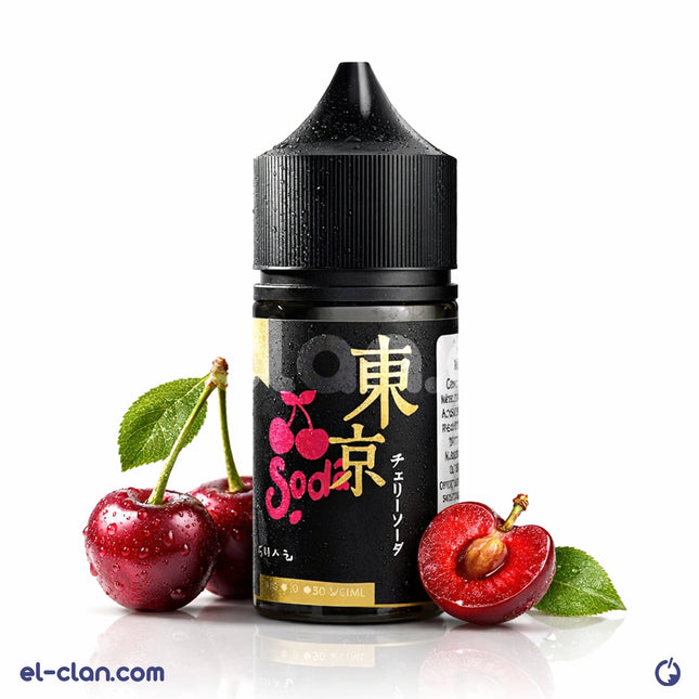 Tokyo SaltNic Cherry Soda vape liquid in a clear bottle, featuring cherry soda flavor for electronic vaping devices.