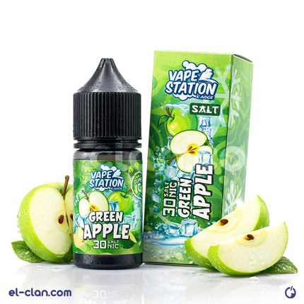 سائل فيب ليكويد نيكوتين سائل نكهة تفاح أخضر ساقع من Vape Station E-Juice، عبوة زجاجية مع عبوة سائل أخضر.