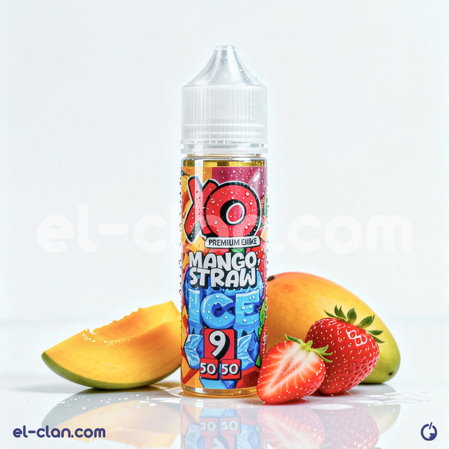 XO E-Liquid in a Mango Strawberry Ice Vape Liquid bottle, featuring colorful packaging and branding for flavored vape experience.