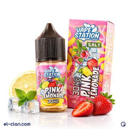 سائل فيب ليكويد سولتينيك من Vape Station بنكهة ليمون فراولة باردة، عبوة زجاجية شفافة مع غطاء لونه وردي.