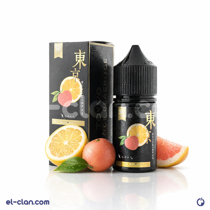 Tokyo SaltNic Orange Peach Ice vape liquid in a bottle, featuring vibrant orange and peach flavor with icy coolness.