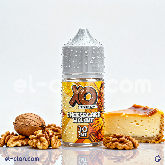 نقطة ليكويد فيب نيكوتين بنكهة تشيزكيك عين الجمل من XO E-Liquid، زجاجة تحتوي على سائل إلكتروني بنكهة الكعكة والجوز