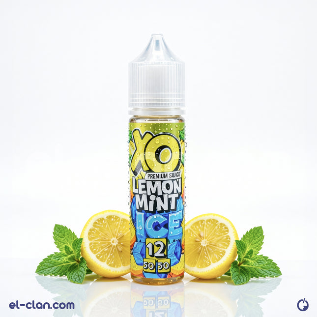 Bottle of XO Ice Lemon Mint flavored e-liquid in a clear plastic bottle with a white cap, labeled XO E-Liquid, on a white background.