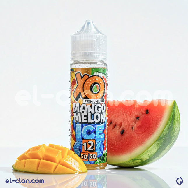 نقطة سائلة من XO E-Liquid بنكهة مانجو وبطيخ ساقع، زجاجة فيب ليكويد محلي مع تصميم واضح على العبوة