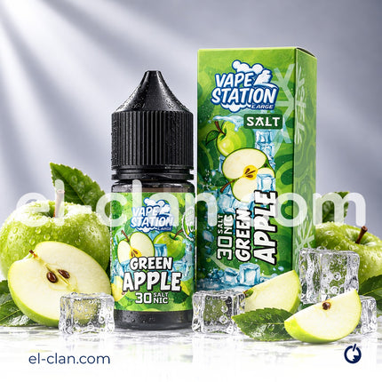 سائل ليكويد فيب نيكوتين بنكهة تفاح أخضر ساقع من Vape Station E-Juice، زجاجة واضحة مع عبوة مميزة