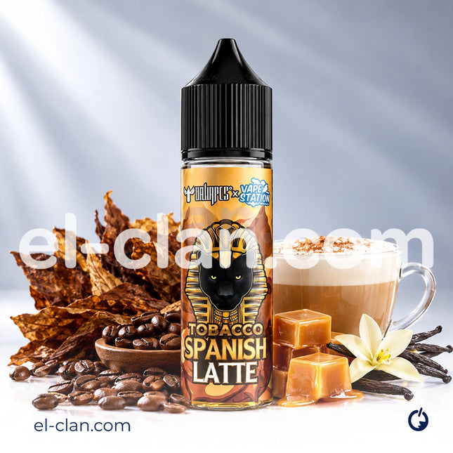 سائل ليكويد توباكو لاتية من Vape Station E-Juice فيب محلي بنكهة القهوة الإسبانية واللبن، عبوة زجاجية واضحة.