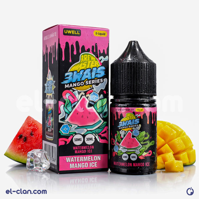 Uwell SaltNic watermelon mango ice vape juice bottle showing colorful label with watermelon, mango, and icy flavor details.