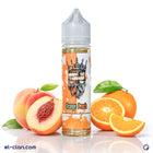 Game of Thrones orange peach flavored vape liquid in a clear bottle, with branding and colorful label visible.