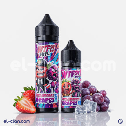 WTF E-Juice Strawberry Grape flavored vape liquid in a 7ml bottle, showcasing fresh strawberries and grapes for vaping.