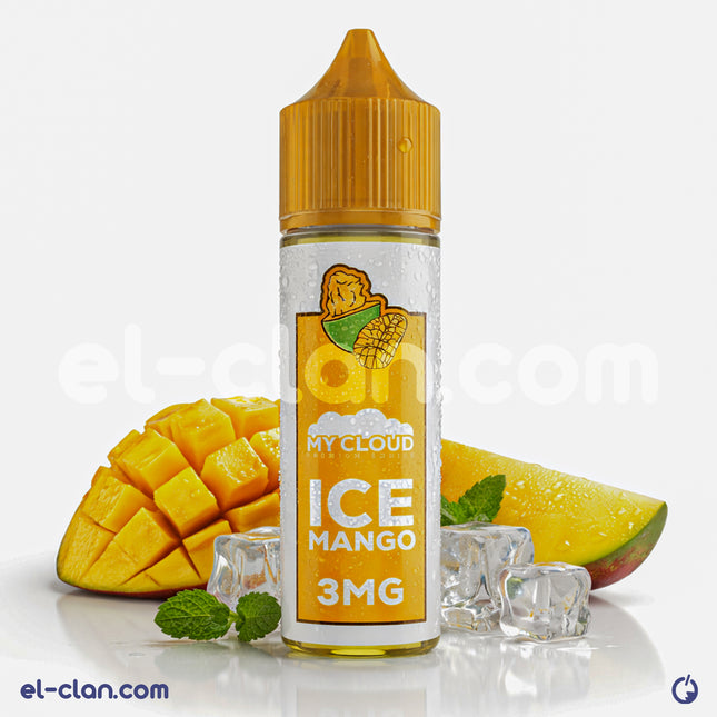 My Cloud E-Juice My Cloud Ice Mango vape liquid in a bottle with mango flavor, featuring vibrant packaging and branding.