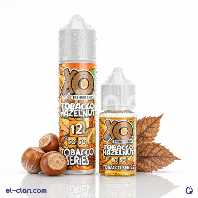 نقطة توباكو بنكهة البندق من XO E-Liquid، فيب ليكويد محلي بنكهة غنية ومميزة، يظهر في الصورة زجاجة التبغ ذات التصميم الأنيق