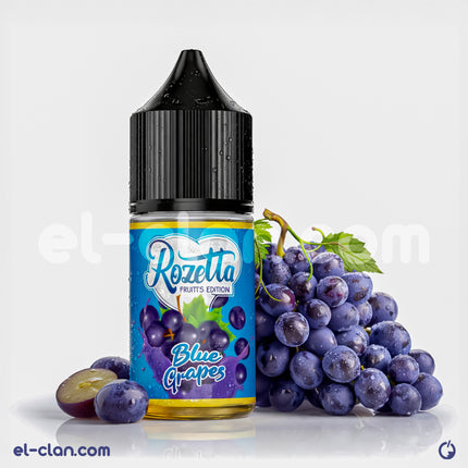 Rozetta Blue Grapes E-Juice bottle featuring a blue grape design, showcasing the liquid flavor in a clear plastic container.