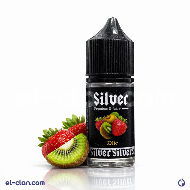 Silver E-Liquid Silver Straw Kiwi flavored vape in a clear bottle with silver branding and a colorful label featuring kiwi and strawberry images.