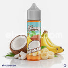 زجاجة فيب ليكويد Yummy Coconana بجوزهندموز من Yummy E-Juice، تظهر على الصورة عبوة سائلة ناعمة وشفافة.
