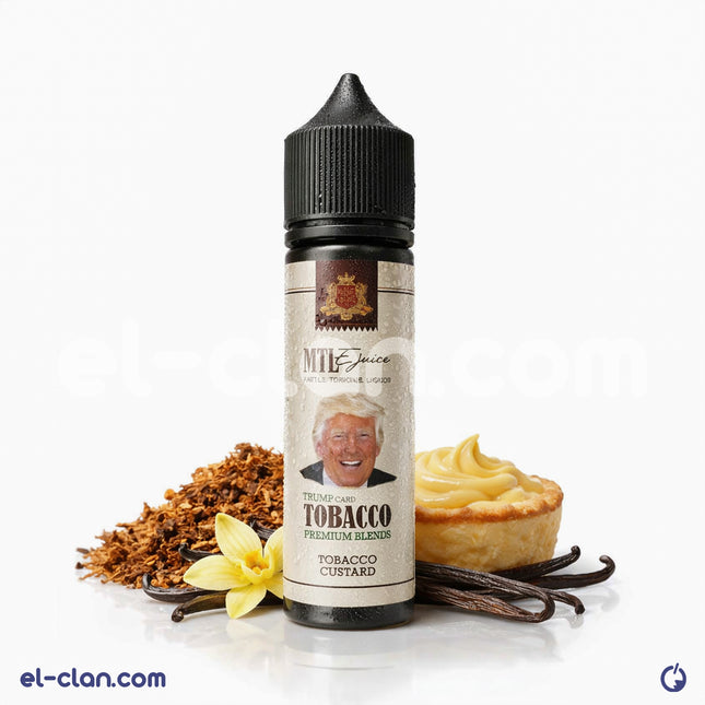 نقطة التبغ كاسترد مصنوعة من فيب ليكويد محلي من ماركة Metal Tongue e-juice، تظهر في الصورة زجاجة سائلة مع عبوة.