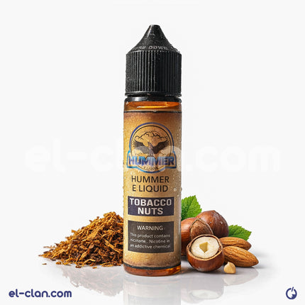 مكسرات توباكو هامر مع فيب ليكويد محلي من ماركة Hummer E-Juice، يظهر في الصورة عبوة ونكهات التوباكو والمكسرات