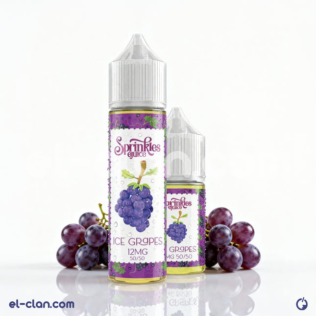 Bottle of Sprinkles Ice Grapes e-liquid showing vibrant purple grapes and clear liquid inside a 30ml vape juice bottle.