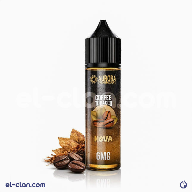 تبغ قهوة Aurora Nova فيب ليكويد محلي من ماركة Aurora E-Juice، زجاجة سائلة بنكهة التوباكو والقهوة، للاستخدام الإلكتروني.