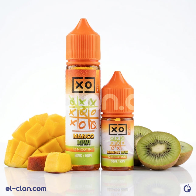 XO Ice Mango Kiwi فيب ليكويد محلي, زجاجة نكهة مانجو وكيوي ساقعة من XO E-Liquid مع عبوة واضحة على الخلفية