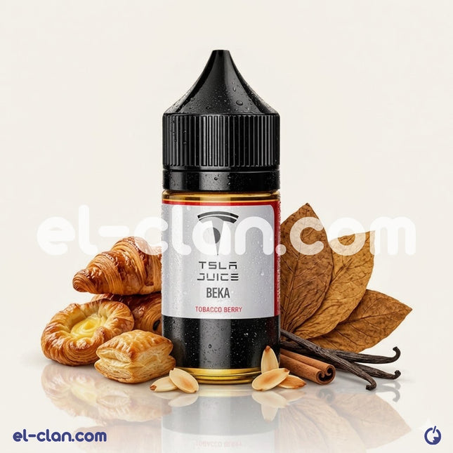 Tsla Juice SaltNic Beka Tobacco Bakery e-liquid bottle with a rich tobacco and baked goods design.