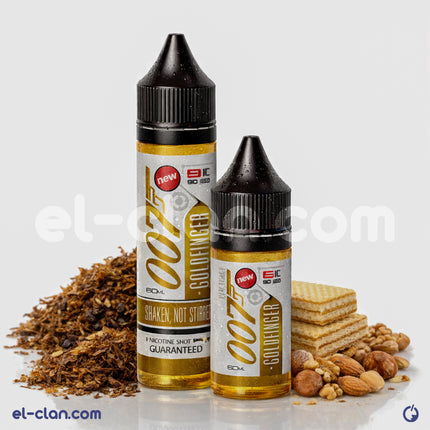 OO7 E-Juice Golden Finger flavored vape liquid in a bottle, featuring a rich tobacco and nut aroma for in-vape use.
