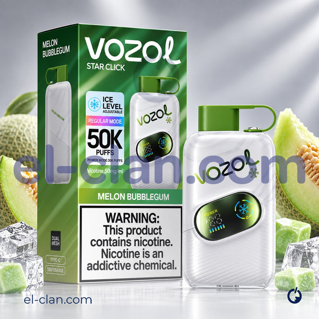 فيب Vozol Star Click 50K بسعة 50 ألف نفخة بنكهة البطيخ واللبان كانتلوب ساقع، عبوة ديسبوسبل.