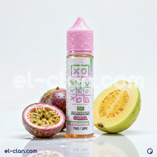 XO Ice Passion Guava e-liquid in a vape bottle, featuring a vibrant guava flavor with icy menthol notes from XO E-Liquid.