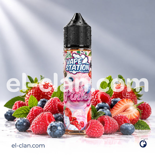 تبخير فيب ستيشن بينكي بنكهة توت كندي ساقع مع ليكويد محلي من Vape Station E-Juice يظهر عبوة ونكهات التوت