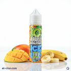 XO E-Liquid Ice Mango Banana flavored vape liquid in a clear bottle, featuring mango and banana images on the label.