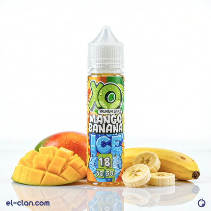 XO E-Liquid Ice Mango Banana flavored vape liquid in a clear bottle, featuring mango and banana images on the label.