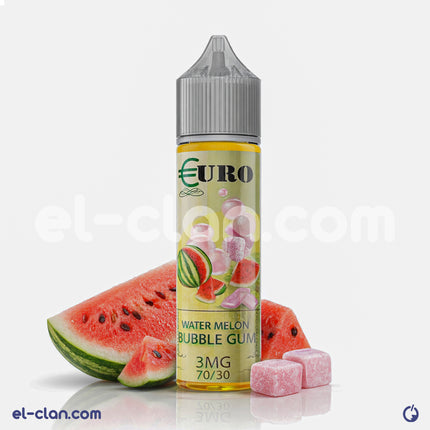 Euro Watermelon Bubblegum E-Juice vape liquid in a bottle, featuring vibrant watermelon and bubblegum flavor for vaping.